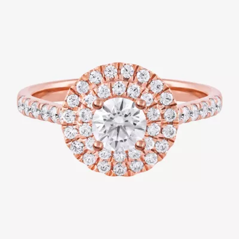 Certified (F / Si1) Womens CT. T.W. Lab Grown White Diamond 10K Rose Gold Round Side Stone Halo Engagement Ring