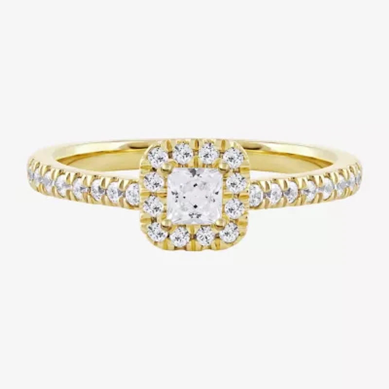 Certified (F / Si1) Womens / CT. T.W. Lab Grown White Diamond 10K Gold Cushion Side Stone Halo Engagement Ring