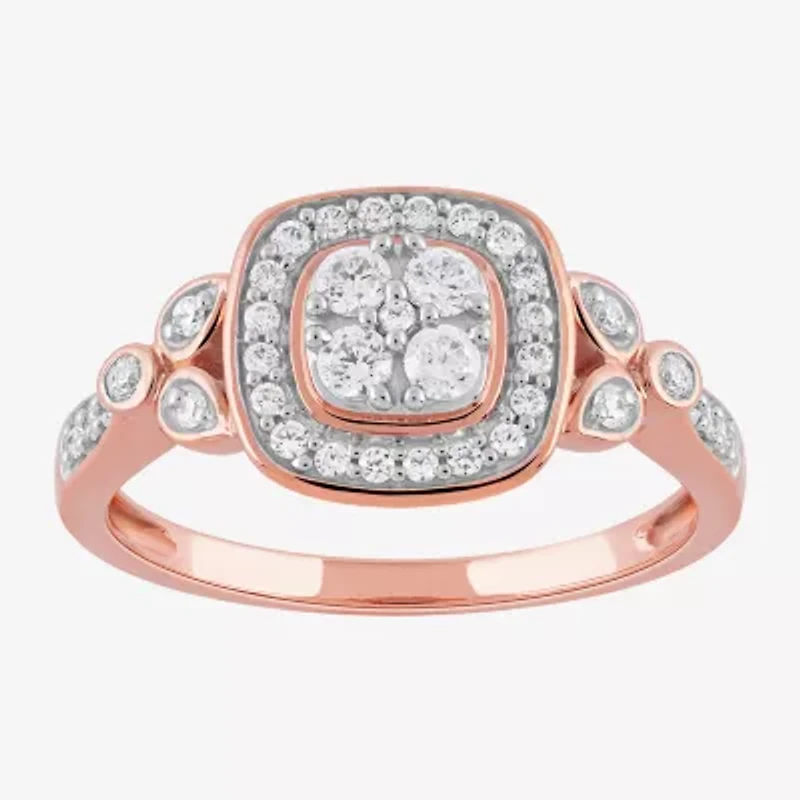 Certified (F / Si1) Womens / CT. T.W. Lab Grown White Diamond 10K Rose Gold Cushion Side Stone Halo Engagement Ring