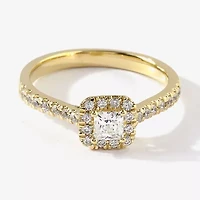 Certified (F / Si1) Womens / CT. T.W. Lab Grown White Diamond 10K Gold Cushion Side Stone Halo Engagement Ring