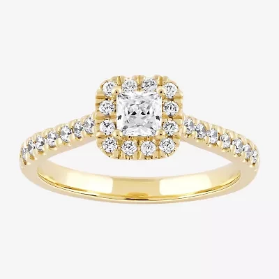 Certified (F / Si1) Womens / CT. T.W. Lab Grown White Diamond 10K Gold Cushion Side Stone Halo Engagement Ring