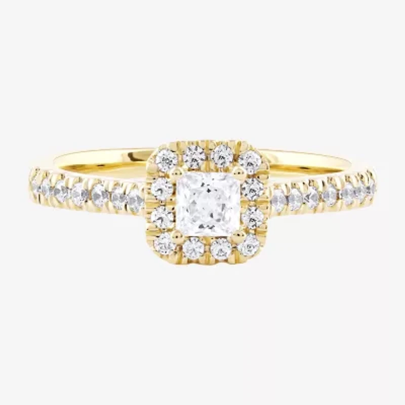 Certified (F / Si1) Womens / CT. T.W. Lab Grown White Diamond 10K Gold Cushion Side Stone Halo Engagement Ring