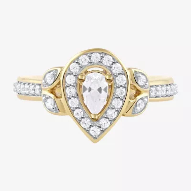 Certified (F / Si1) Womens / CT. T.W. Lab Grown White Diamond 10K Gold Pear Side Stone Halo Engagement Ring