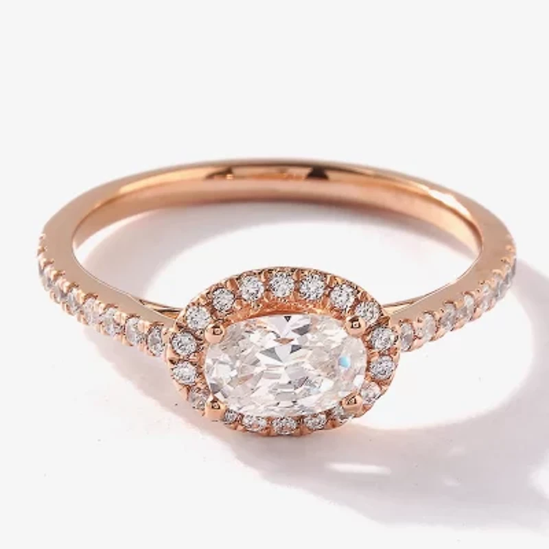 Certified (F / Si1) Womens 3/4 CT. T.W. Lab Grown White Diamond 10K Rose Gold Oval Side Stone Halo Engagement Ring