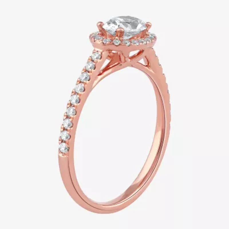 Certified (F / Si1) Womens 3/4 CT. T.W. Lab Grown White Diamond 10K Rose Gold Oval Side Stone Halo Engagement Ring