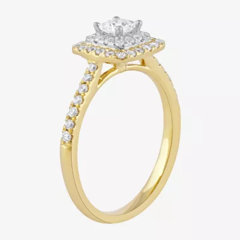 Certified (F / Si1) Womens /8 CT. T.W. Lab Grown White Diamond 10K Gold Cushion Side Stone Halo Engagement Ring