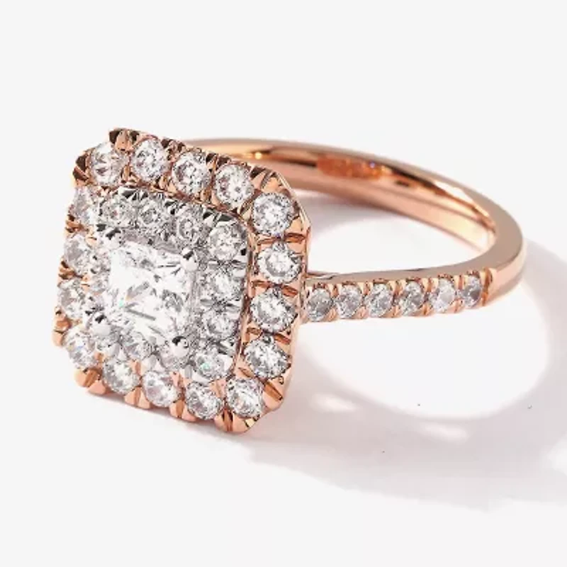 Certified (F / Si1) Womens 1 3/8 CT. T.W. Lab Grown White Diamond 10K Rose Gold Cushion Side Stone Halo Engagement Ring