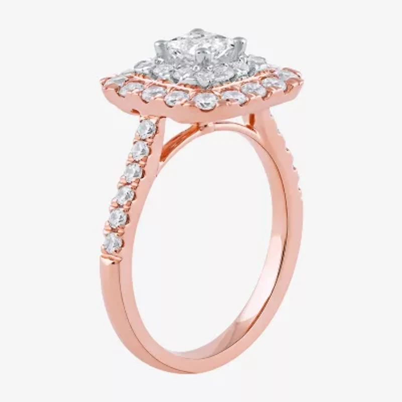 Certified (F / Si1) Womens 1 3/8 CT. T.W. Lab Grown White Diamond 10K Rose Gold Cushion Side Stone Halo Engagement Ring