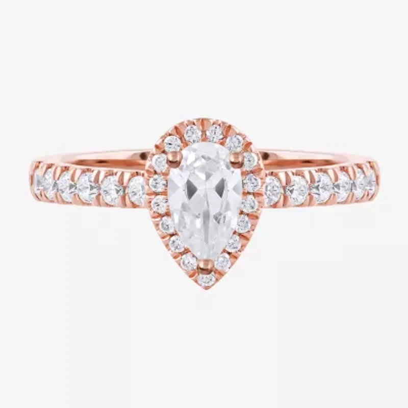 Certified (F / Si1) Womens CT. T.W. Lab Grown White Diamond 10K Rose Gold Pear Side Stone Halo Engagement Ring