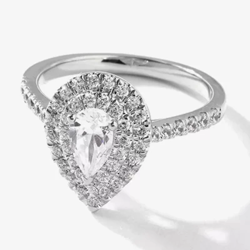 Certified (F / Si1) Womens / CT. T.W. Lab Grown White Diamond 10K Gold Pear Side Stone Halo Engagement Ring