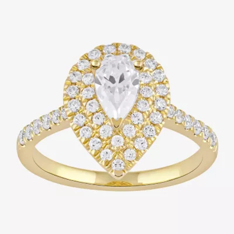 Certified (F / Si1) Womens 1 CT. T.W. Lab Grown White Diamond 10K Gold Pear Side Stone Halo Engagement Ring
