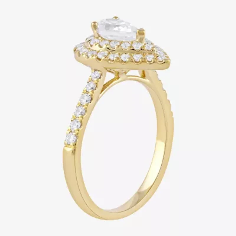 Certified (F / Si1) Womens 1 CT. T.W. Lab Grown White Diamond 10K Gold Pear Side Stone Halo Engagement Ring