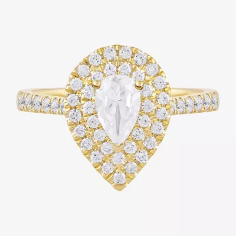Certified (F / Si1) Womens 1 CT. T.W. Lab Grown White Diamond 10K Gold Pear Side Stone Halo Engagement Ring