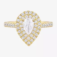 Certified (F / Si1) Womens 1 CT. T.W. Lab Grown White Diamond 10K Gold Pear Side Stone Halo Engagement Ring