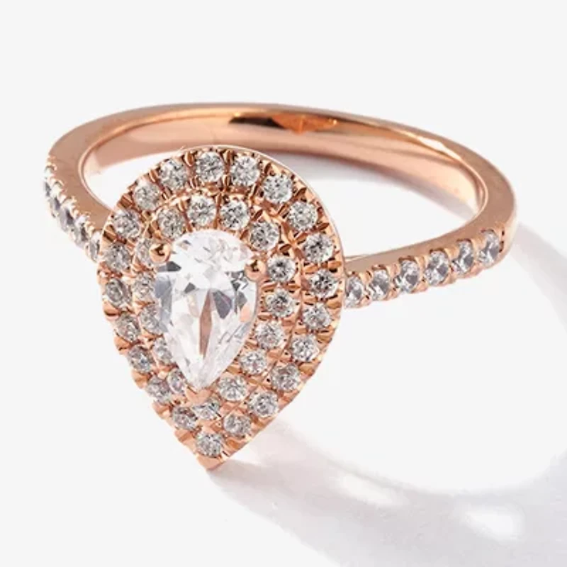 Certified (F / Si1) Womens 1 CT. T.W. Lab Grown White Diamond 10K Rose Gold Pear Side Stone Halo Engagement Ring