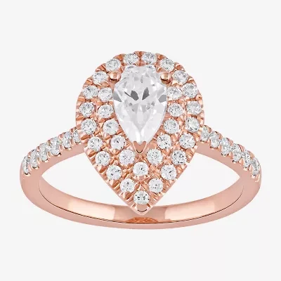 Certified (F / Si1) Womens 1 CT. T.W. Lab Grown White Diamond 10K Rose Gold Pear Side Stone Halo Engagement Ring
