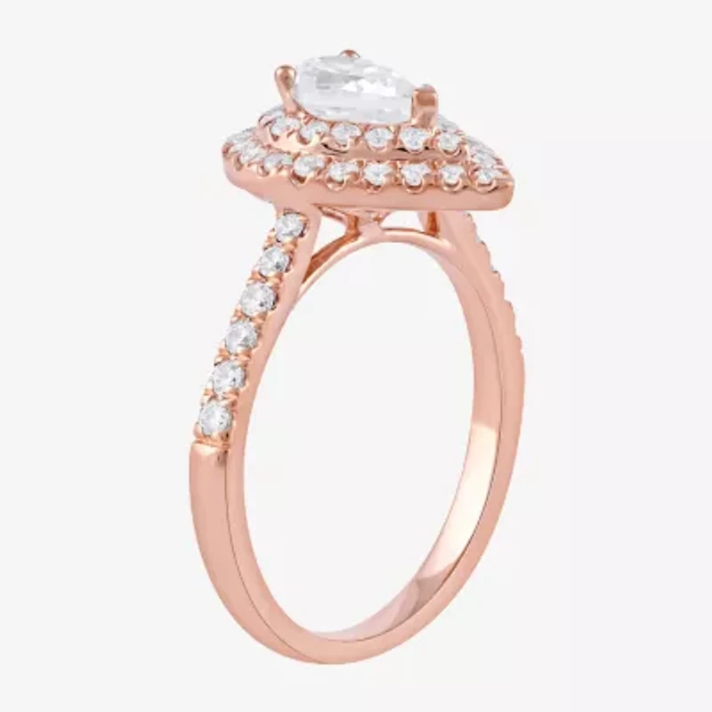 Certified (F / Si1) Womens 1 CT. T.W. Lab Grown White Diamond 10K Rose Gold Pear Side Stone Halo Engagement Ring