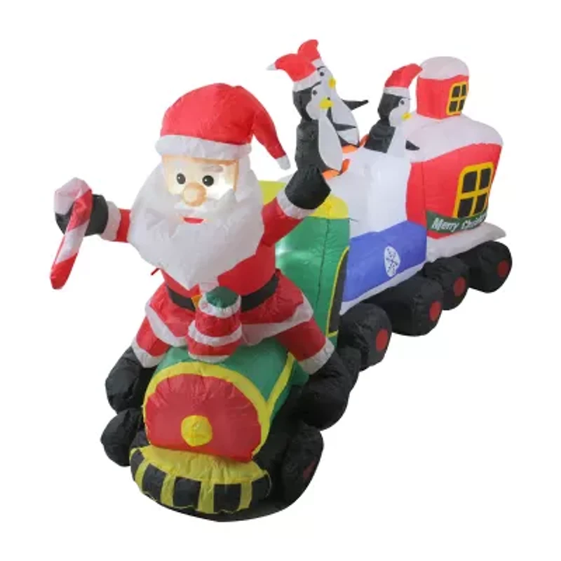 6.5' Red and Green Inflatable Santa and Penguins on Train Lighted Outdoor Christmas Decoration