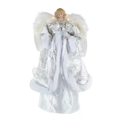 18'' Lighted White and Silver Angel in a Dress Christmas Tree Topper - Warm White Lights
