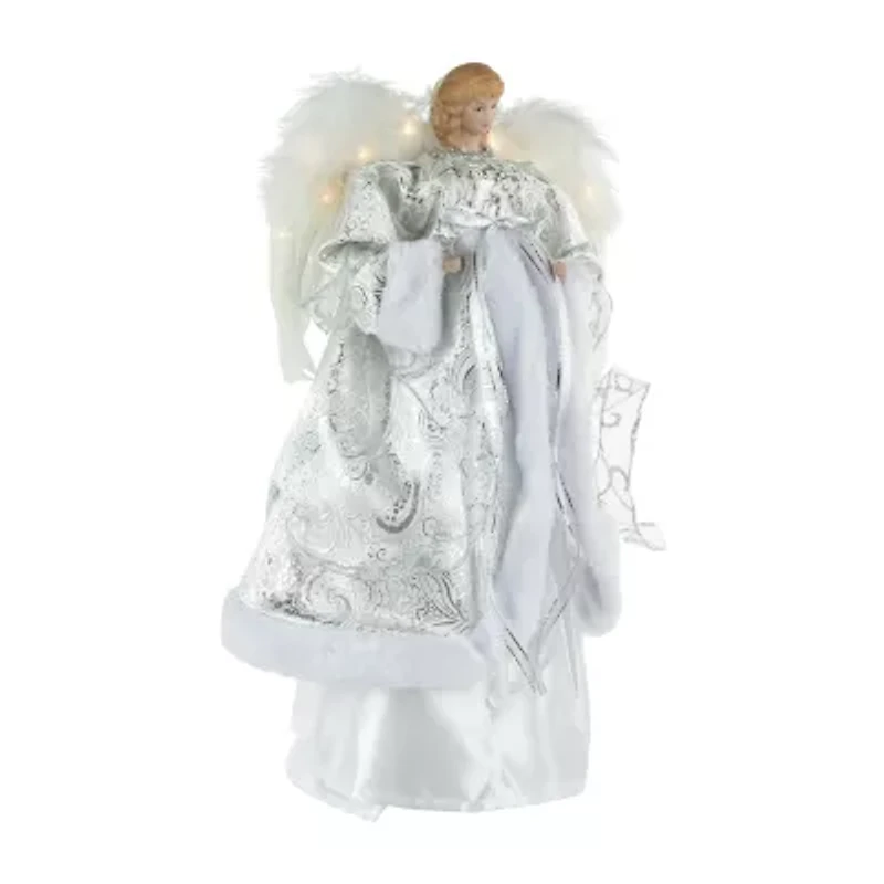 18'' Lighted White and Silver Angel in a Dress Christmas Tree Topper - Warm White Lights