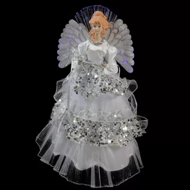 16'' White and Silver Lighted Fiber Optic Angel Sequined Gown Christmas Tree Topper
