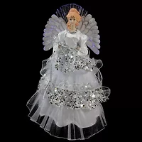 16'' White and Silver Lighted Fiber Optic Angel Sequined Gown Christmas Tree Topper