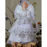 16'' White and Silver Lighted Fiber Optic Angel Sequined Gown Christmas Tree Topper