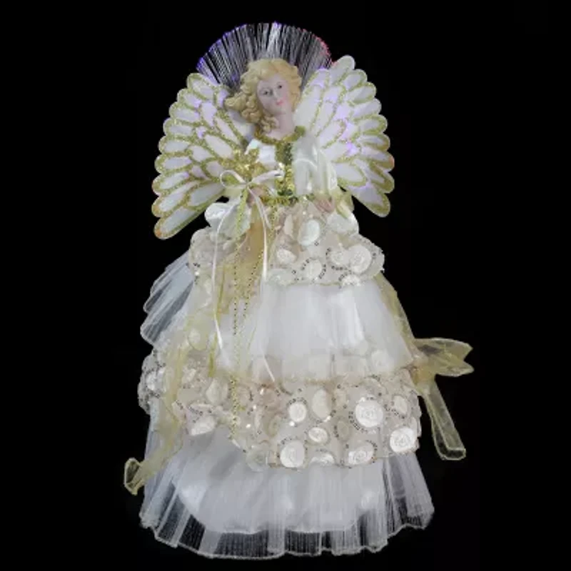 16'' White and Gold Lighted Angel Sequined Gown Christmas Tree Topper