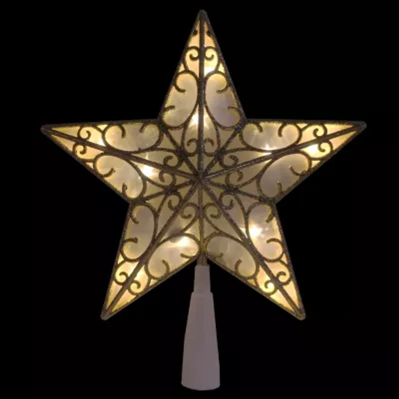 9'' Gold and White Glittered Star LED Christmas Tree Topper - Warm White Lights
