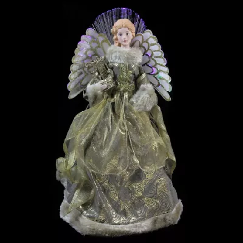 16'' Gold and Brown Lighted Angel in Gown with Harp Christmas Tree Topper