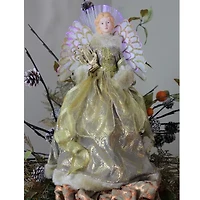 16'' Gold and Brown Lighted Angel in Gown with Harp Christmas Tree Topper