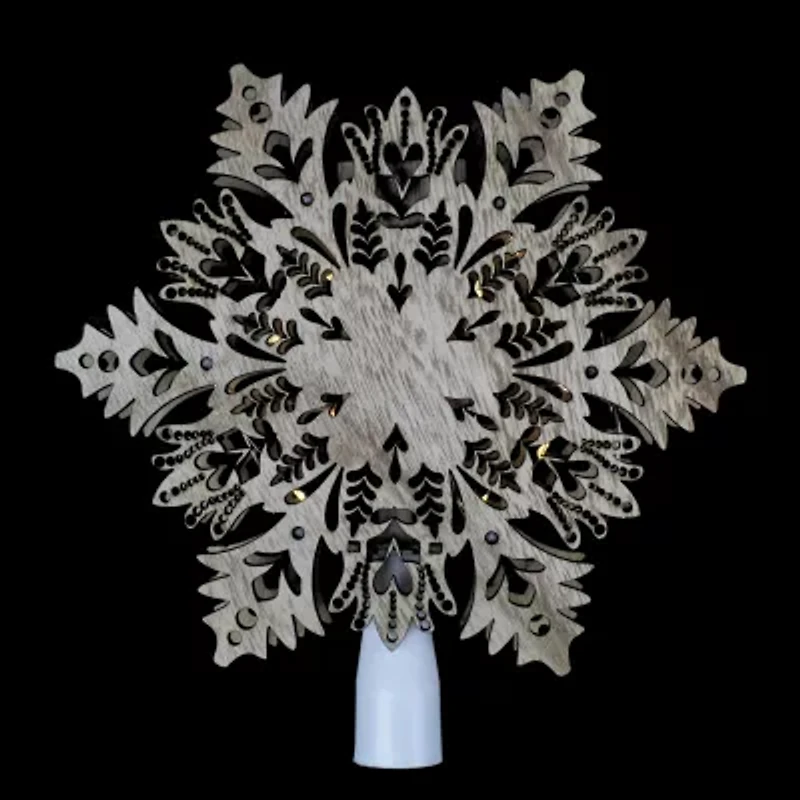 8.5'' Lighted Brown Wooden Snowflake Christmas Tree Topper - Clear Lights