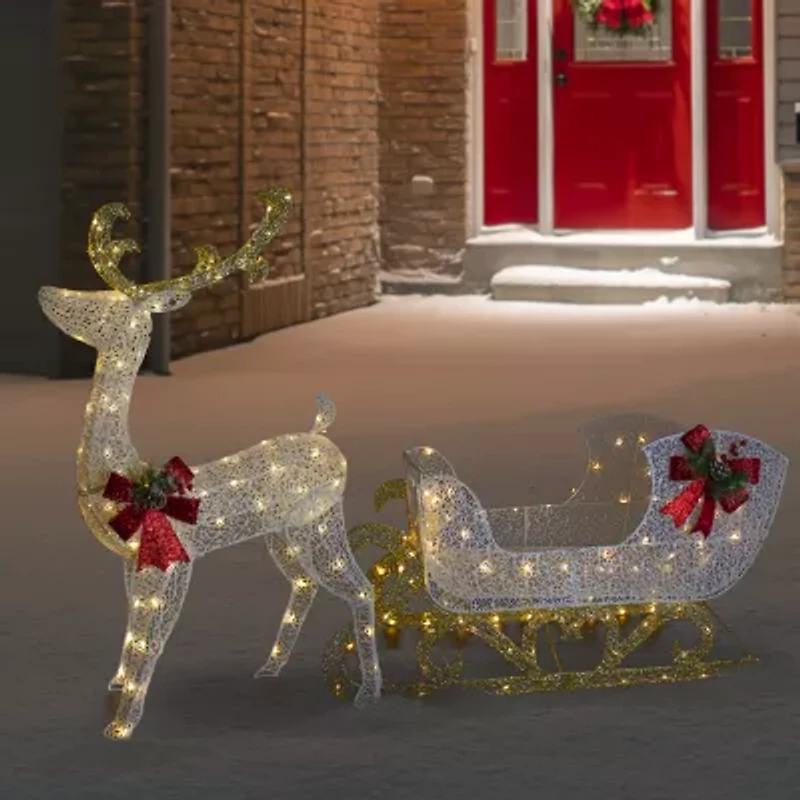 48'' LED Lighted Glitter Reindeer with Sleigh Outdoor Christmas Decoration