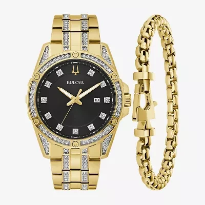 Bulova Classic Crystal Mens Crystal Accent Two Tone Stainless Steel 2-pc. Watch Boxed Set 98k115