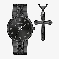 Bulova Classic Crystal Mens Crystal Accent Black Stainless Steel 2-pc. Watch Boxed Set 98k116