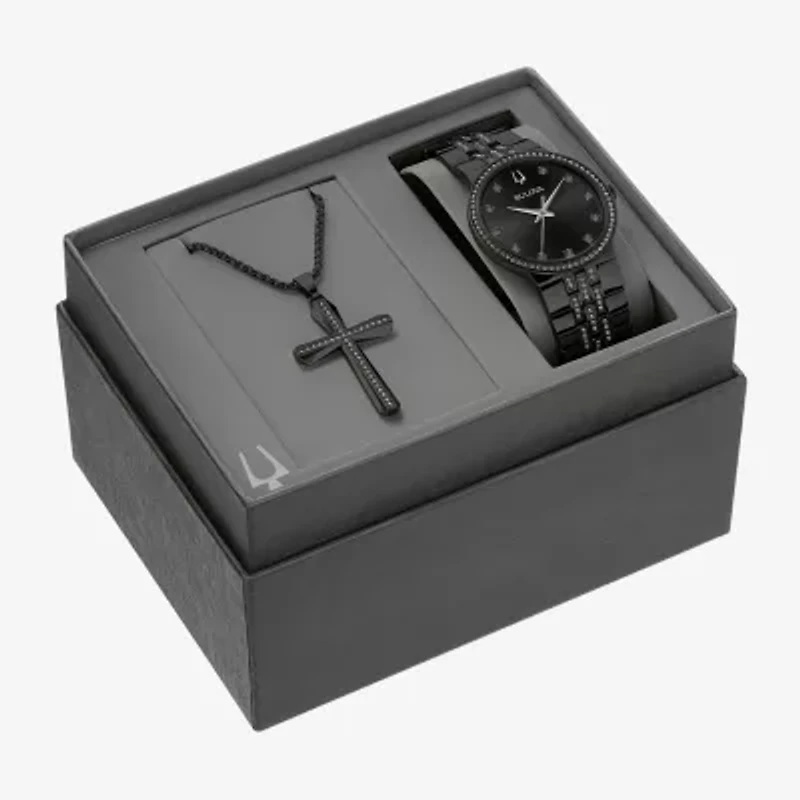 Bulova Classic Crystal Mens Crystal Accent Black Stainless Steel 2-pc. Watch Boxed Set 98k116