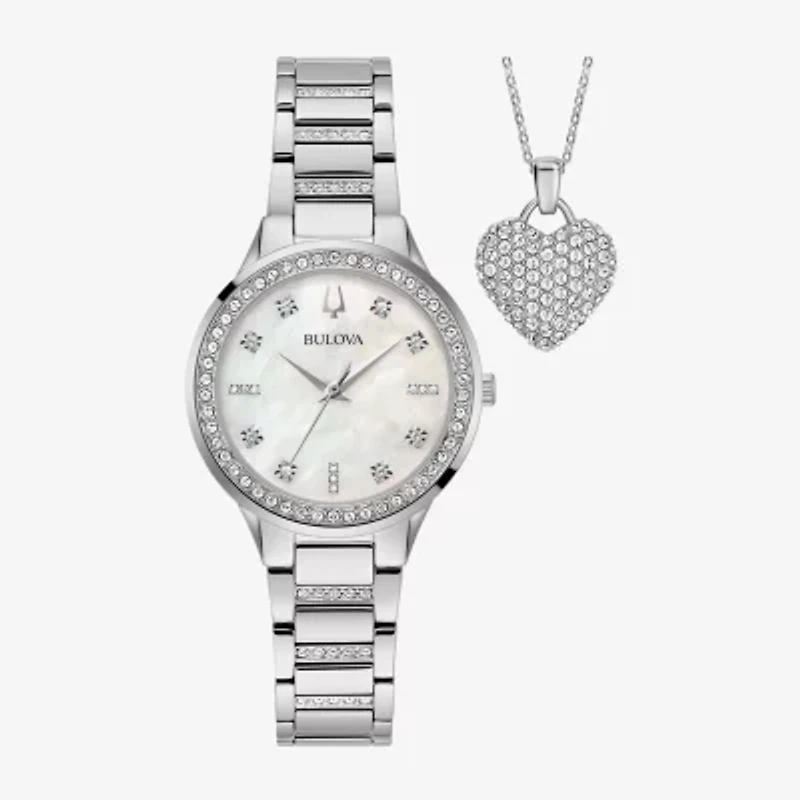 Bulova Classic Crystal Womens Crystal Accent Silver Tone Stainless Steel 2-pc. Watch Boxed Set 96x162