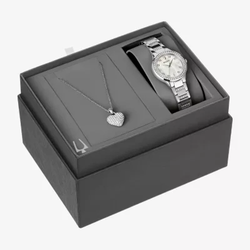 Bulova Classic Crystal Womens Crystal Accent Silver Tone Stainless Steel 2-pc. Watch Boxed Set 96x162