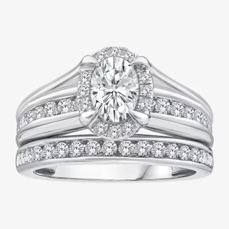 (G / Si1-Si2) Womens 1 1/2 CT. T.W. Lab Grown White Diamond 10K Gold Oval Side Stone Halo Bridal Set