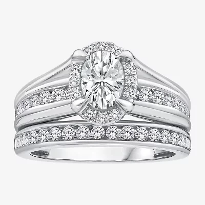 (G / Si1-Si2) Womens 1 1/2 CT. T.W. Lab Grown White Diamond 10K Gold Oval Side Stone Halo Bridal Set