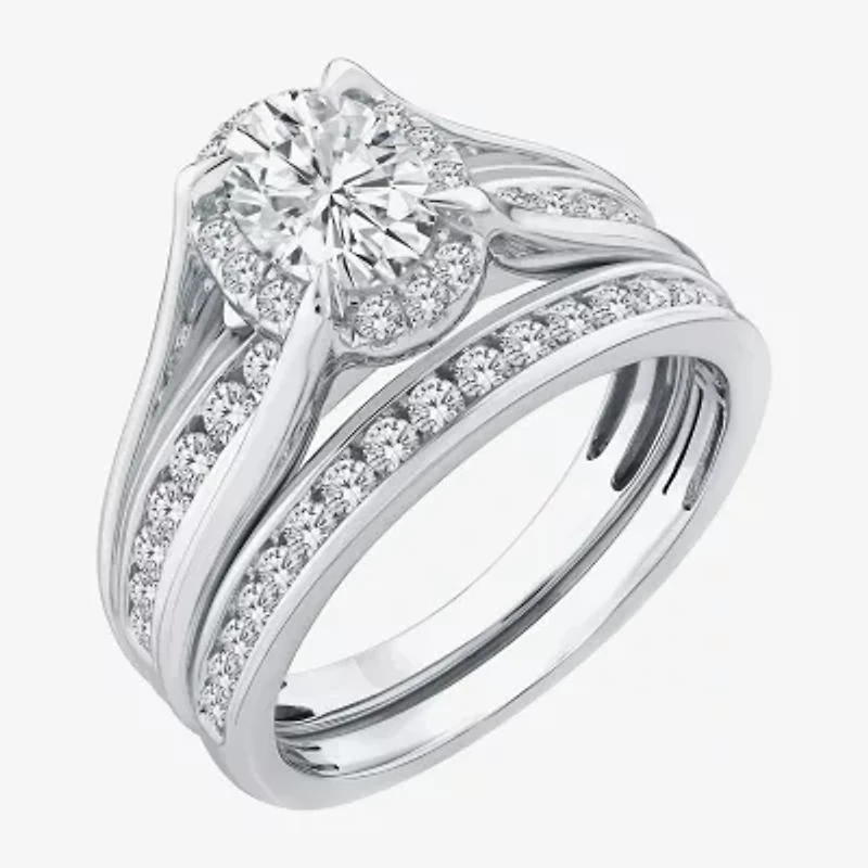 (G / Si1-Si2) Womens 1 1/2 CT. T.W. Lab Grown White Diamond 10K Gold Oval Side Stone Halo Bridal Set