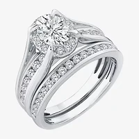 (G / Si1-Si2) Womens 1 1/2 CT. T.W. Lab Grown White Diamond 10K Gold Oval Side Stone Halo Bridal Set