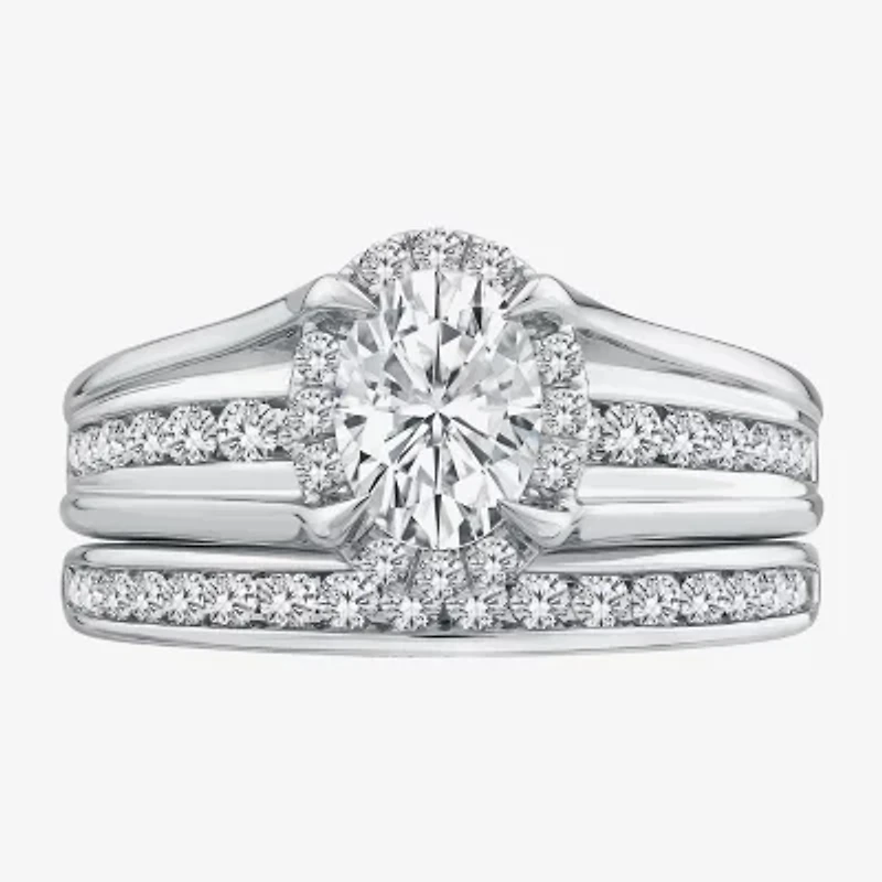 (G / Si1-Si2) Womens 1 1/2 CT. T.W. Lab Grown White Diamond 10K Gold Oval Side Stone Halo Bridal Set