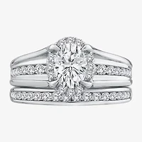 (G / Si1-Si2) Womens 1 1/2 CT. T.W. Lab Grown White Diamond 10K Gold Oval Side Stone Halo Bridal Set