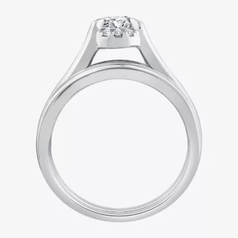(G / Si1-Si2) Womens 1 1/2 CT. T.W. Lab Grown White Diamond 10K Gold Oval Side Stone Halo Bridal Set