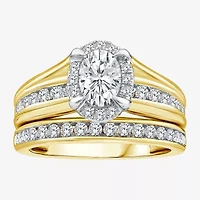 (G / Si1-Si2) Womens 1 1/2 CT. T.W. Lab Grown White Diamond 10K Gold Oval Side Stone Halo Bridal Set