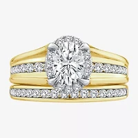 (G / Si1-Si2) Womens 1 1/2 CT. T.W. Lab Grown White Diamond 10K Gold Oval Side Stone Halo Bridal Set