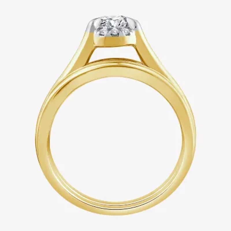 (G / Si1-Si2) Womens 1 1/2 CT. T.W. Lab Grown White Diamond 10K Gold Oval Side Stone Halo Bridal Set