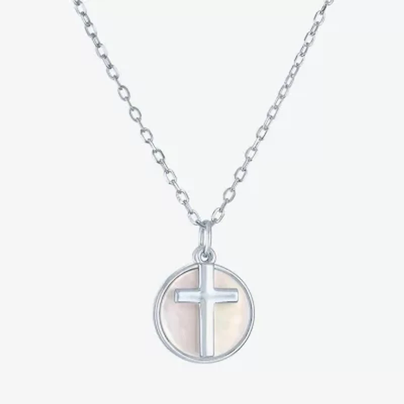 Womens White Mother Of Pearl Sterling Silver Cross Round 15 Inch Pendant Necklace