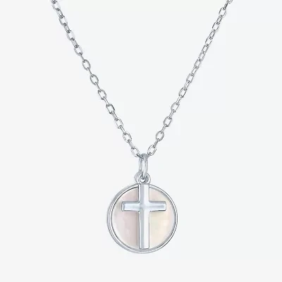 Womens White Mother Of Pearl Sterling Silver Cross Round 15 Inch Pendant Necklace
